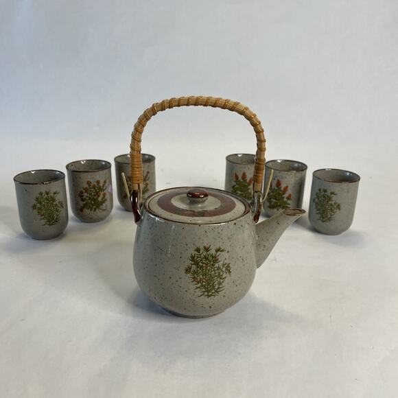 Vintage TAKAHASHI Tea Set – Brown Speckled Stoneware – Teapot + 6 Cups-Floral - Picture 1 of 15